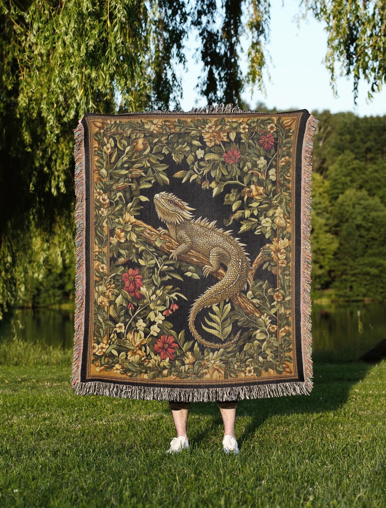 Bearded Dragon Woven Tapestry Blanket A Cottagecore Botanical Floral Design
